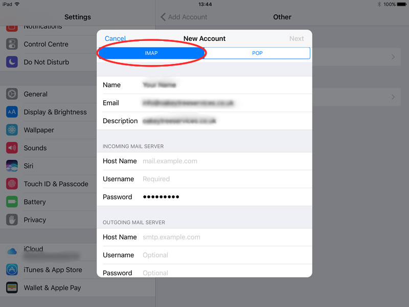 mweb email settings for ipad